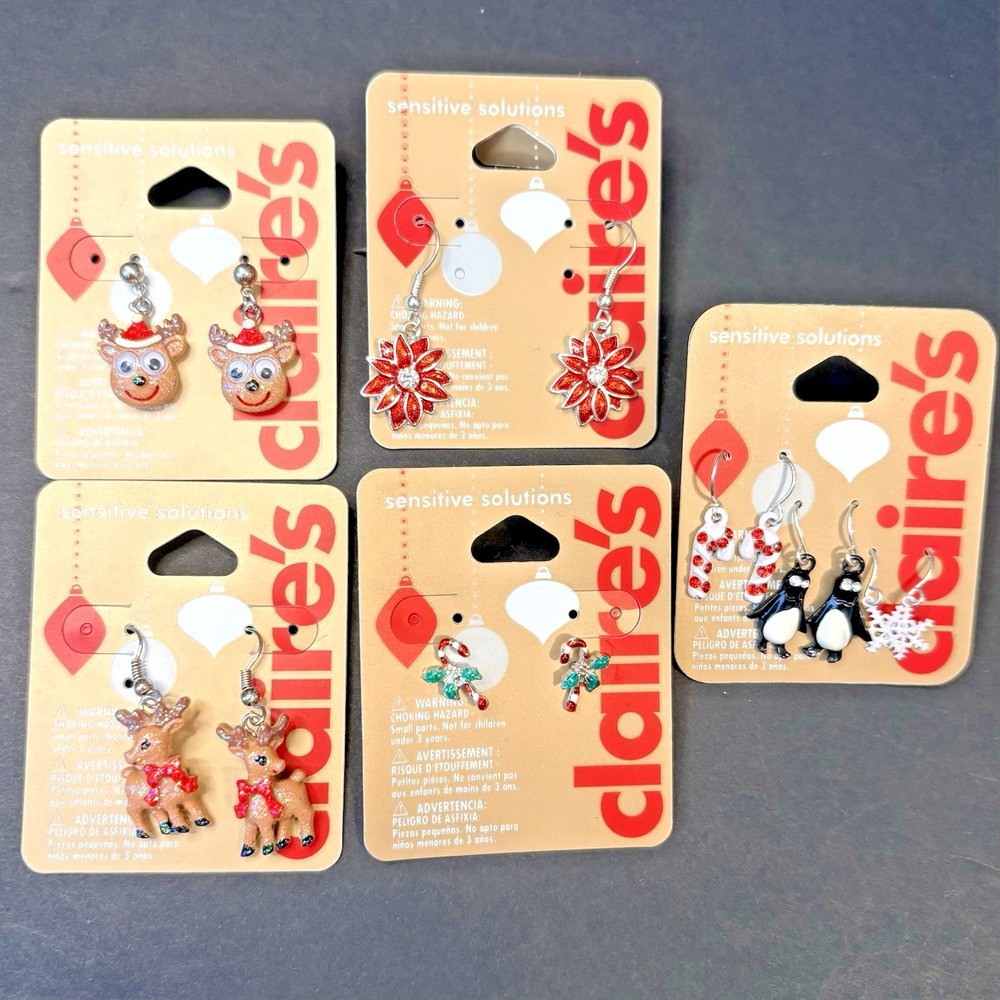 Claire's Lot Of 7 Pairs Earrings Christmas Reindeer Candy Canes Poinsettia